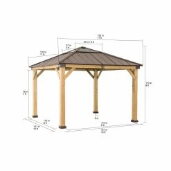Discount ⭐ Sunjoy Cedar Framed Gazebo With Brown Steel And Polycarbonate Hip Roof Hardtop - 11 X 11 Ft. ⭐ -Teak Outdoor Furniture Elegant shop detail2SUNR1202