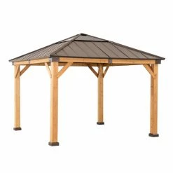 Discount ⭐ Sunjoy Cedar Framed Gazebo With Brown Steel And Polycarbonate Hip Roof Hardtop - 11 X 11 Ft. ⭐ -Teak Outdoor Furniture Elegant shop detail7SUNR1202