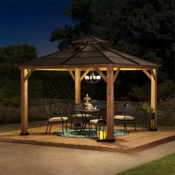 Cheapest ❤️ Sunjoy Hip 2 Tier Hardtop Cedar Framed Gazebo 🤩 -Teak Outdoor Furniture Elegant shop detailSUNR1167