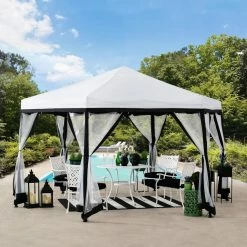 Coupon 💯 Soft-top Sunjoy 11 Ft. X 11 Ft. 2-Tone Pop Up Portable Hexagon Steel Gazebo -White And Black 😍 -Teak Outdoor Furniture Elegant shop detailSUNR1196