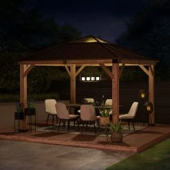 Discount ⭐ Sunjoy Cedar Framed Gazebo With Brown Steel And Polycarbonate Hip Roof Hardtop - 11 X 11 Ft. ⭐ -Teak Outdoor Furniture Elegant shop detailSUNR1202