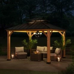 Coupon 🔔 Sunjoy Cedar Framed Gazebo With Steel Hardtop - 11 X 11 Ft. 😉 -Teak Outdoor Furniture Elegant shop detailSUNR1203