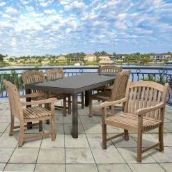 Cheap 🎉 Patio Dining Sets Amazonia Paul Teak/Wicker 7 Piece Rectangular Glass-Top Patio Dining Set ⌛