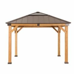 Discount ⭐ Sunjoy Cedar Framed Gazebo With Brown Steel And Polycarbonate Hip Roof Hardtop - 11 X 11 Ft. ⭐