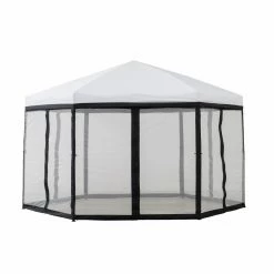 Coupon 💯 Soft-top Sunjoy 11 Ft. X 11 Ft. 2-Tone Pop Up Portable Hexagon Steel Gazebo -White And Black 😍 -Teak Outdoor Furniture Elegant shop scaleSUNR1196